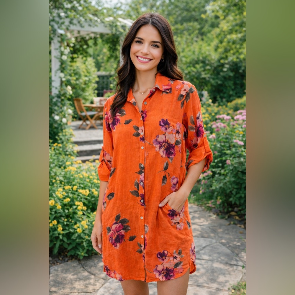 MILIO MILANO Orange Floral Linen Tunic Dress